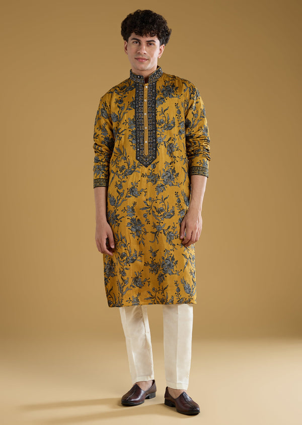 Mustard Yellow Floral Printed Silk Kurta Set With Mirror And Thread Work