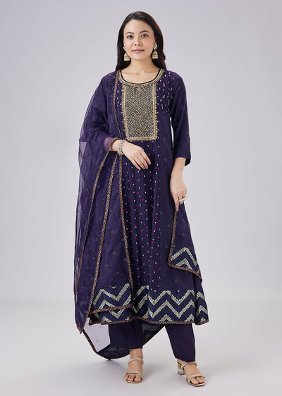 Navy Blue Banarasi Bandhani Silk Anarkali Set With Dupatta