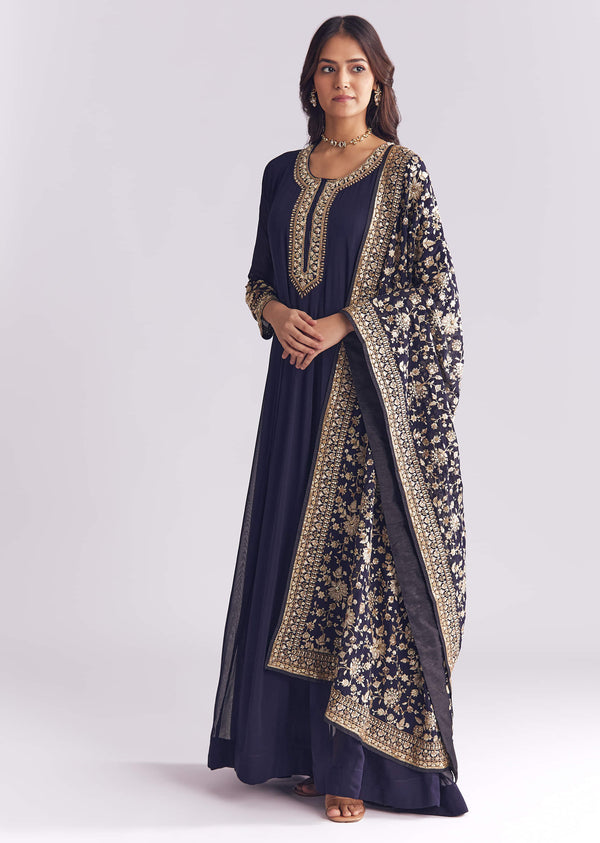Navy Blue Georgette A Line Anarkali With Heavily Sequinned Dupatta