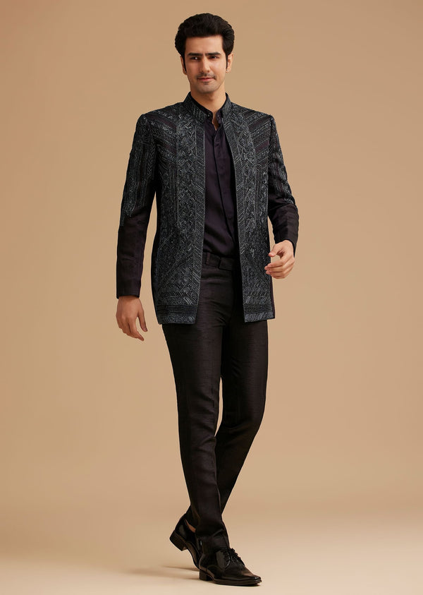 Navy Blue Hand Embroidered Jodhpuri Suit With Cut Dana Work