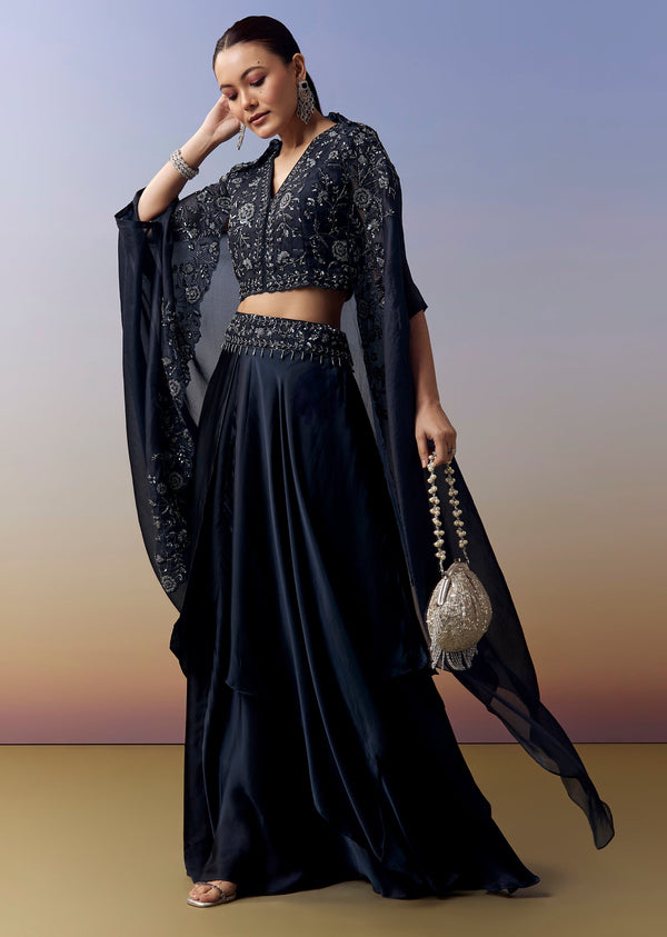 Navy Blue Indo Western Crop Top Skirt Set With Moti Work And Cape