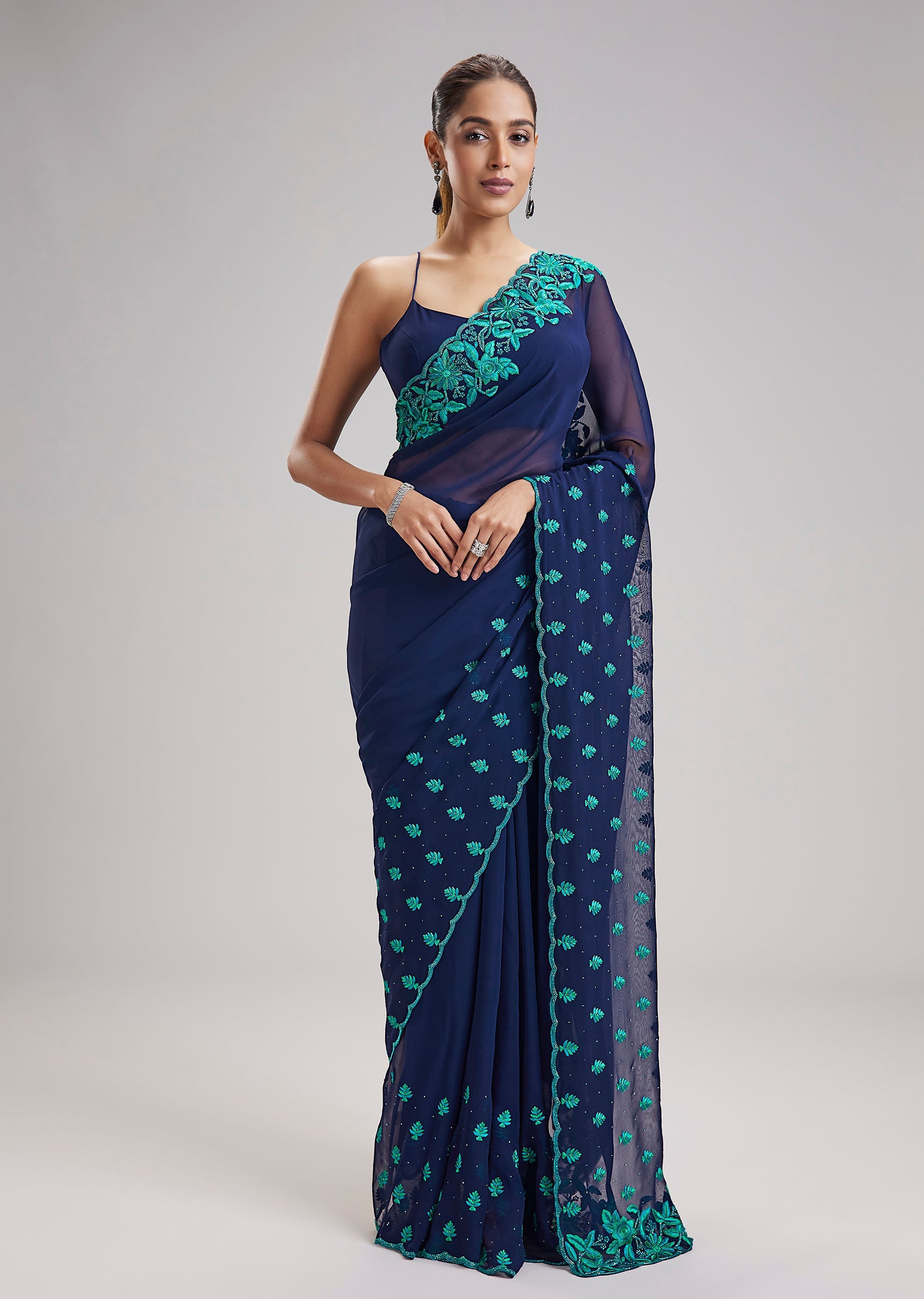 Navy Blue Kashmiri Hand Embroidered Georgette Saree