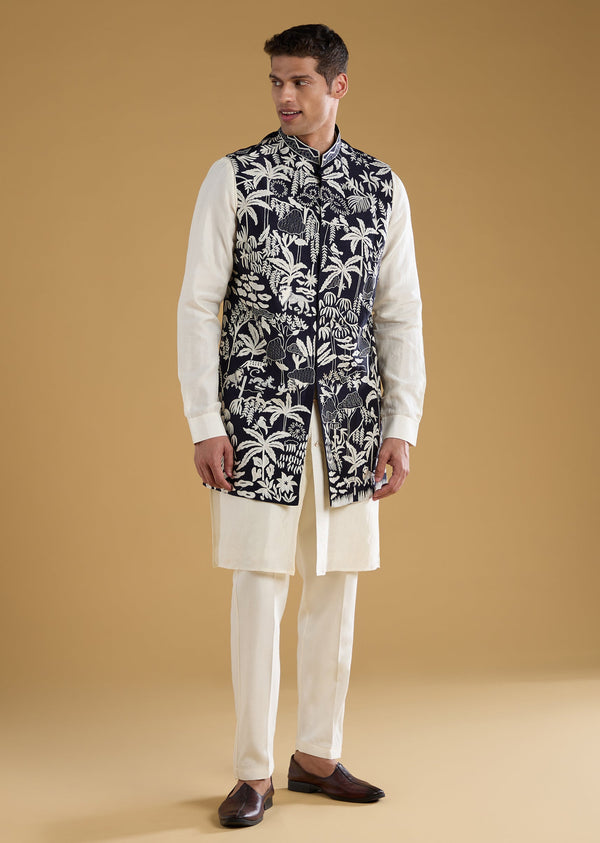 Navy Blue Resham Embroidered Jacket and Kurta Set