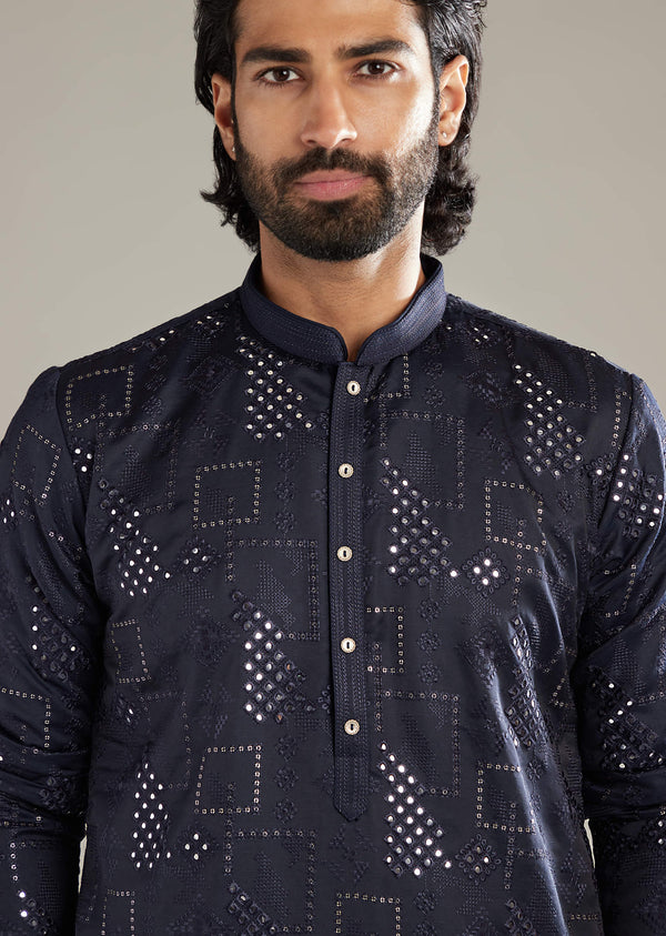 Navy Blue Silk Kurta Set For Men With Mirror And Resham Work