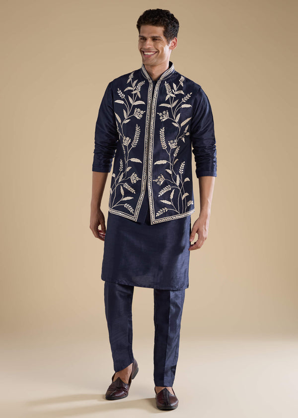 Navy Blue Silk Mirror Embroidered Mens Jacket Kurta and Pant Set