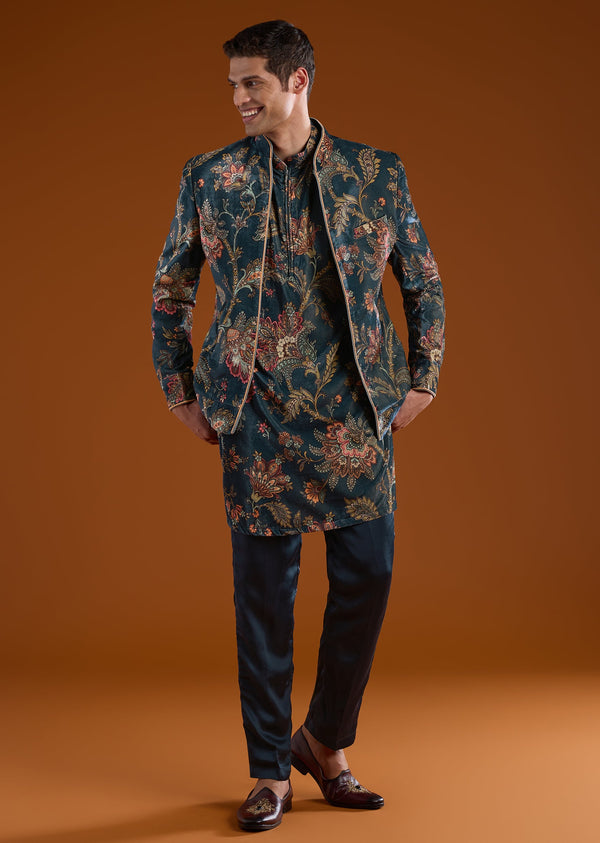 Navy Blue Velvet Embroidered Jodhpuri Kurta Set