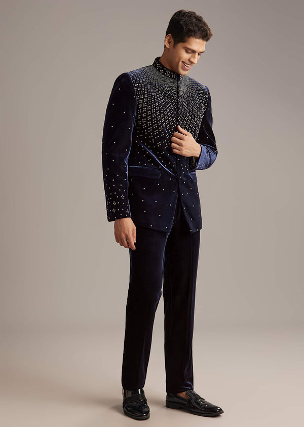 Navy Blue Velvet Jodhpuri Suit For Men With Beads Work