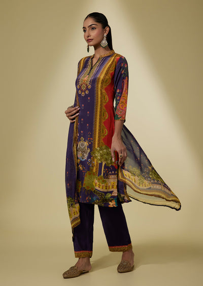 Navy Blue Viscose Printed Kurta Set With Dupatta