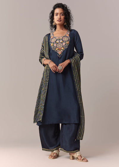 Navy Blue Zardosi & Thread Palazzo Set With Dupatta