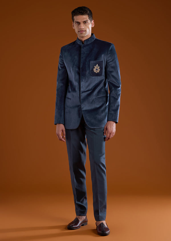 Navy Blue Zardozi Work Jodhpuri and Pant Set in Velvet