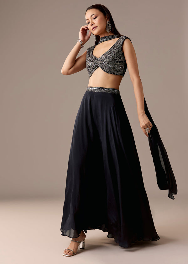 Navy Croptop Palazzo Set With Dupatta