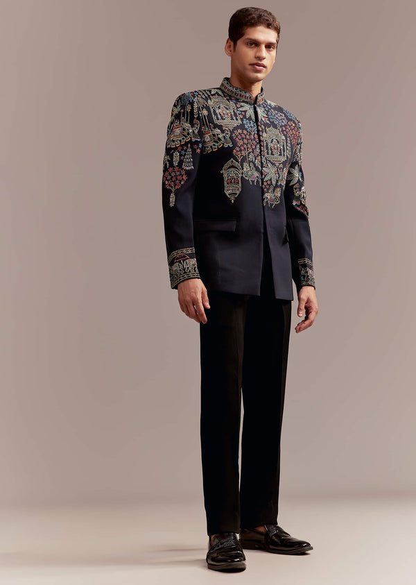 Navy Blue Jodhpuri Bandhgala Suit For Men With Thread Embroidery