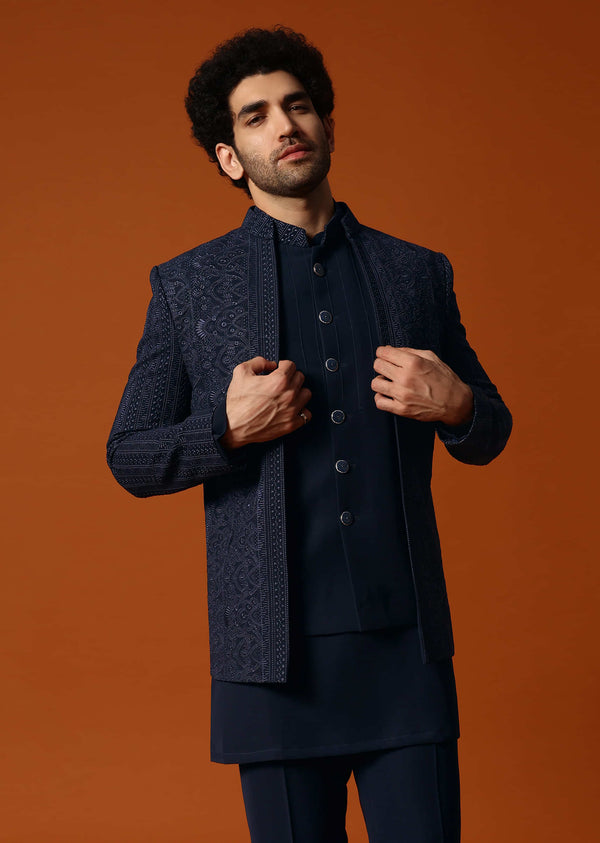 Navy Blue Jodhpuri Set In Resham Work For Men