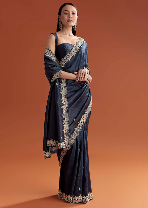 Navy Blue Tissue Saree With Scallop Border And Sequin Work