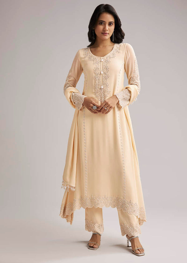 Off White Beaded Kurti Pant Set With Dupatta