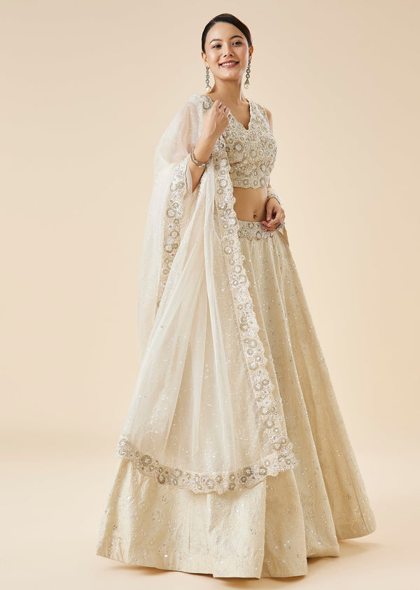 Off White Embroidered Lehenga Set And Dupatta