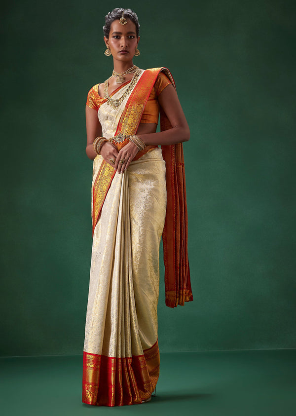 Off White Bridal Kanjivaram Saree with Unstitched Blouse