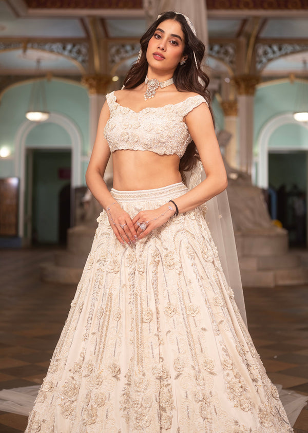 Janhvi Kapoor In Off White Bridal Lehenga With Pearl And Crystal Embroidery