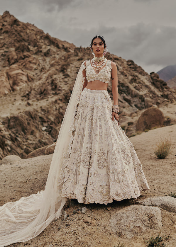 Off White Bridal Lehenga With Pearl And Crystal Embroidery