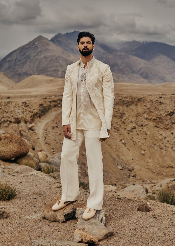 Off White Embroidered Bandhgala Set