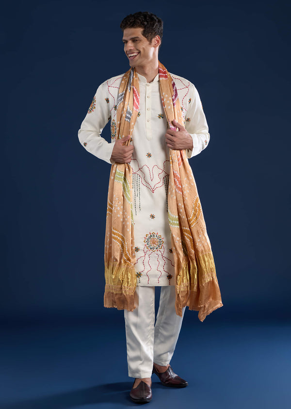 Off White Mens Kurta And Pant Set With Hand Embroidery