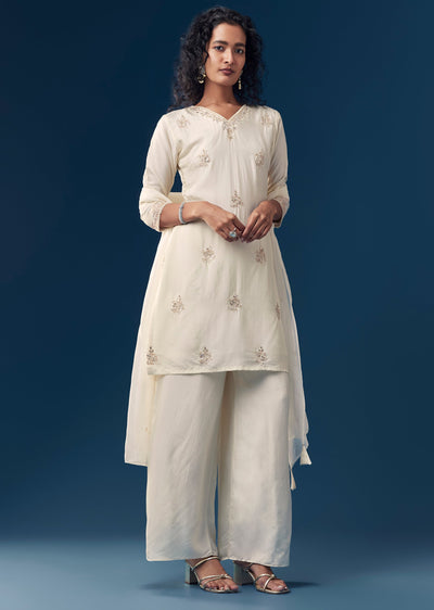 Off White Gota Work Silk Kurta Set