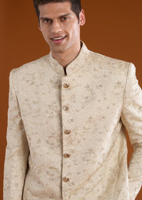 Off White Jacquard Silk Embroidered Jodhpuri Set