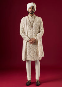 Off White Jacquard Silk Sherwani Set With Zardosi Work
