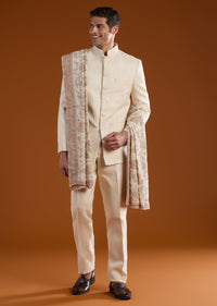 Off White Matka Silk Embroidered Jodhpuri Set