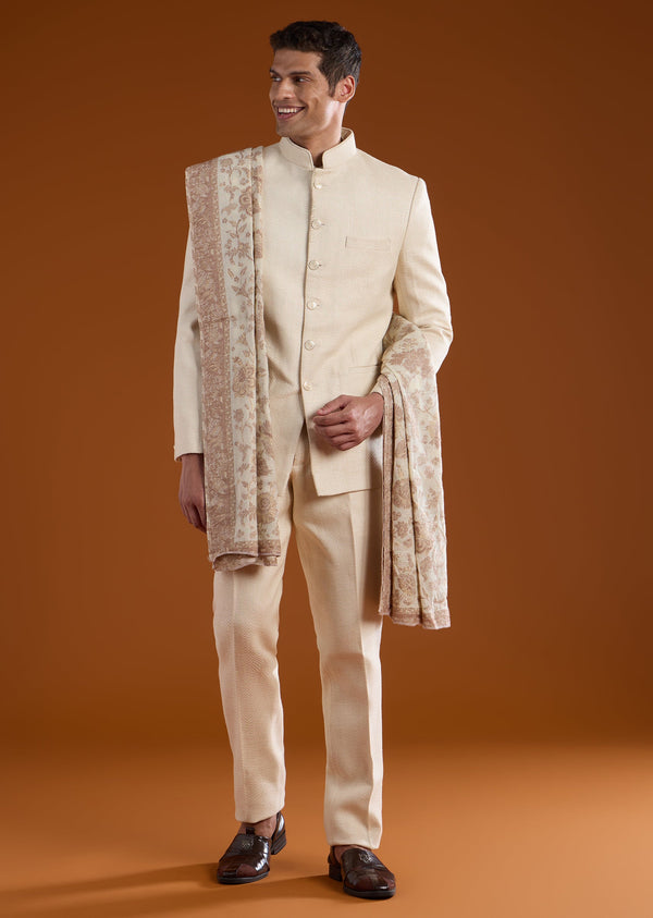 Off White Matka Silk Embroidered Jodhpuri Set