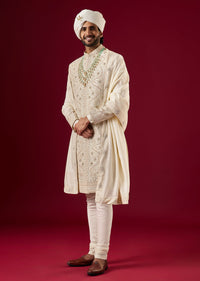 Off White Raw Silk Sherwani Set With Zardosi Work