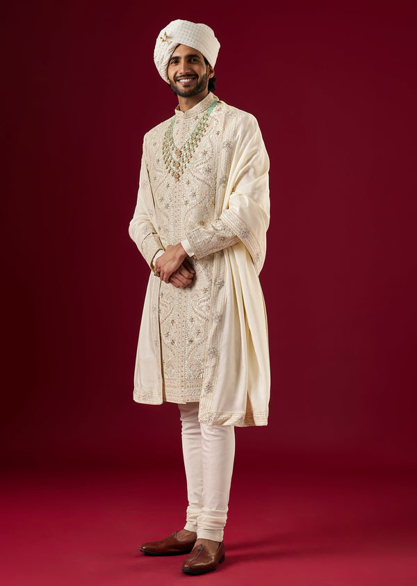 Off White Raw Silk Sherwani Set With Zardosi Work