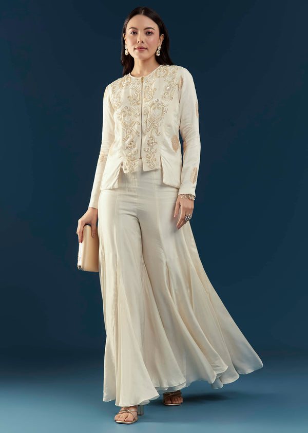 Off White Silk Embroidered Crop Top and Pant Set