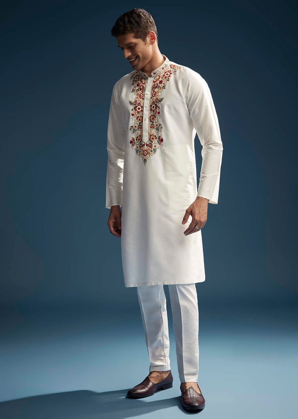 Off White Silk Kurta Set For Men With Multicolour Hand Embroidery