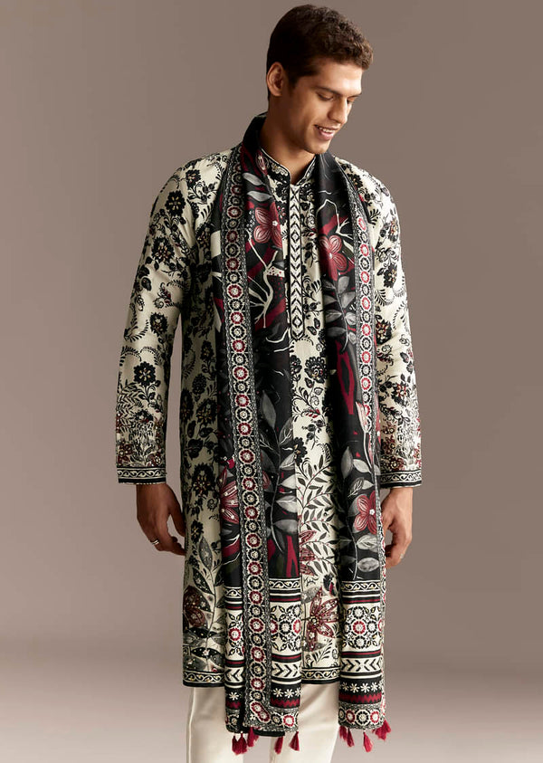 Off White Floral Silk Kurta Set With Dupatta