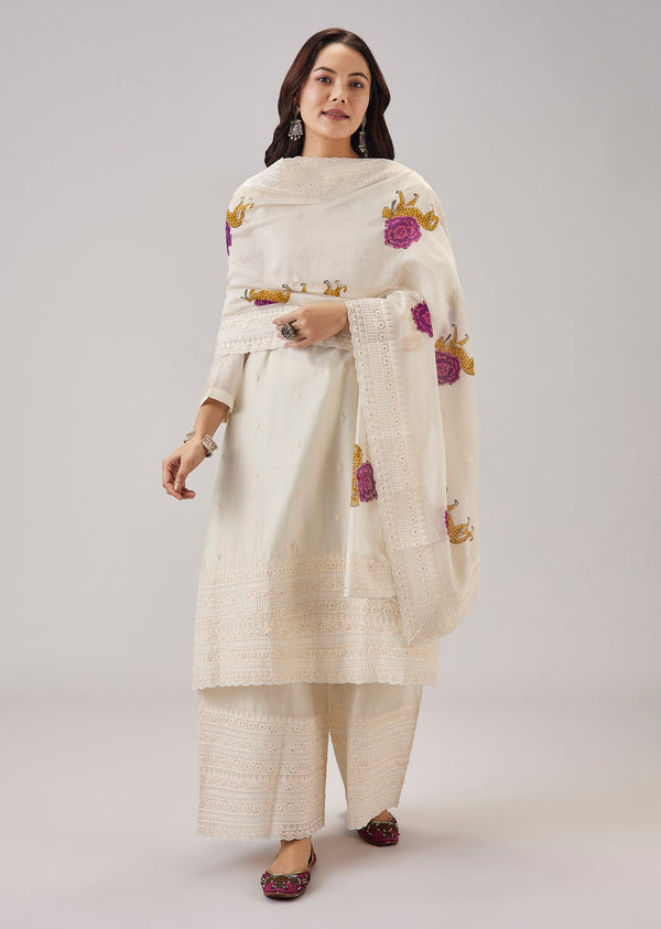 Off White Chanderi Palazo Suit With Embroidered Dupatta