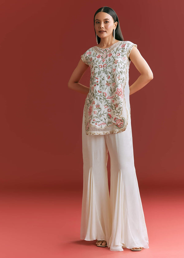 Off White Viscose Silk Short Kurta Set With Resham Work