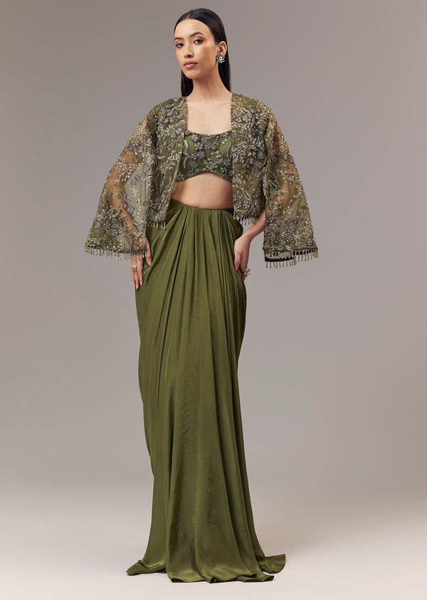 Olive Green Crepe Indo Western Crop Top And Draped Skirt Set With Cape