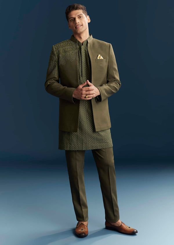 Olive Green Jodhpuri Suit For Men With Resham And Beads Embroidery