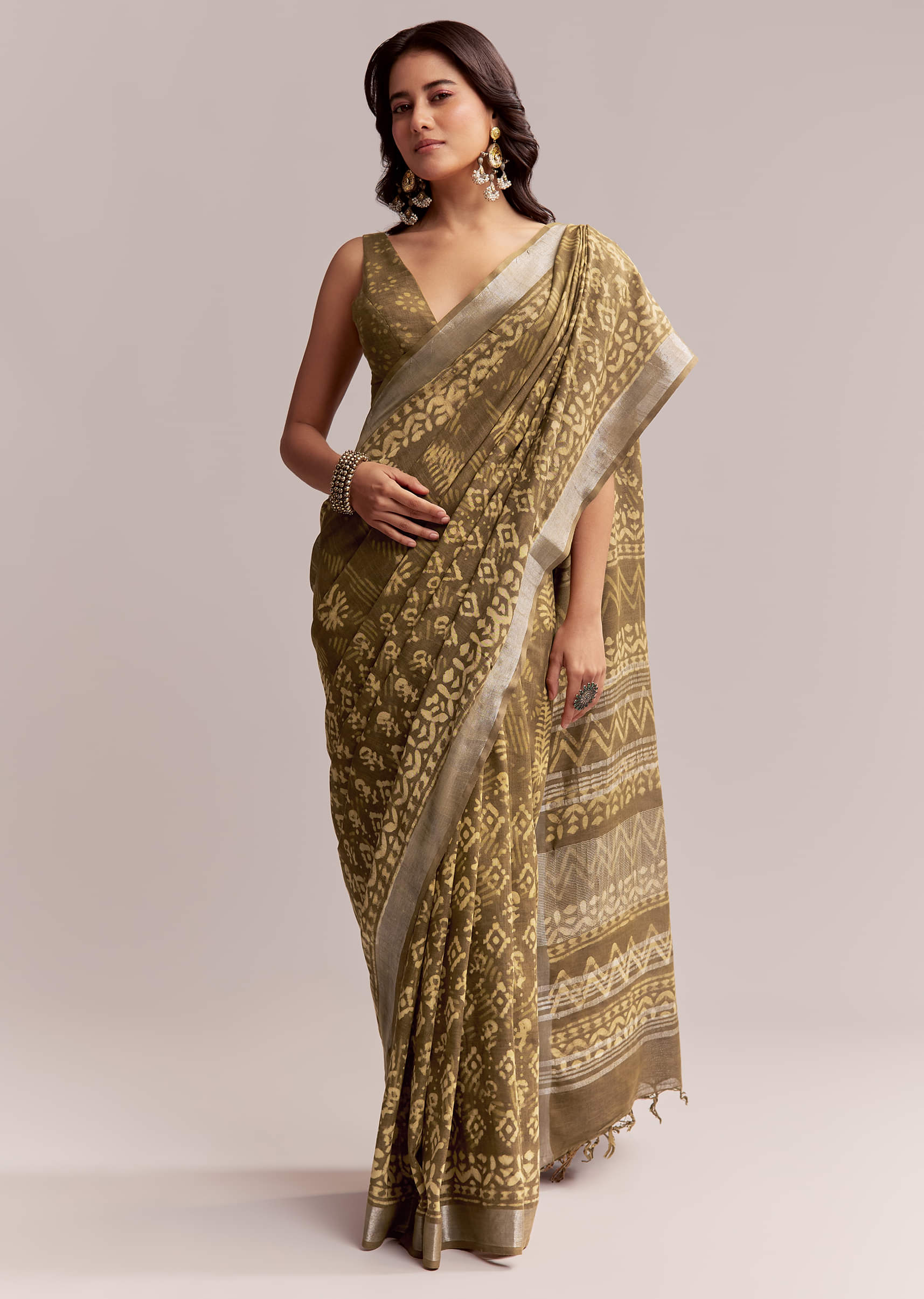 olive-green-linen-printed-saree-with-heritage-ajrakh-geometric-print-sg311982-1.jpg