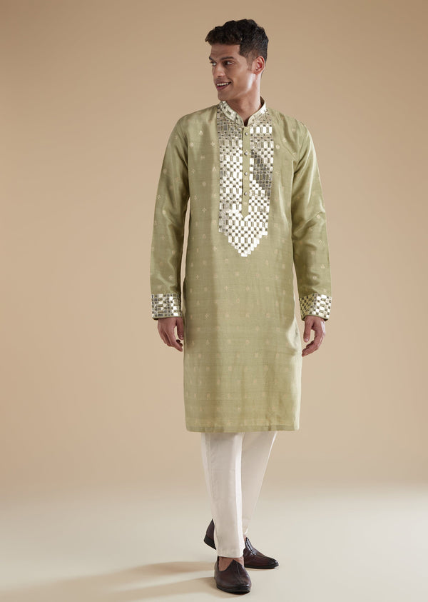 Olive Green Silk Kurta Set With Leather Patch Work