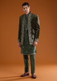 Olive Velvet Jodhpuri Kurta Set with Zardozi Embroidery