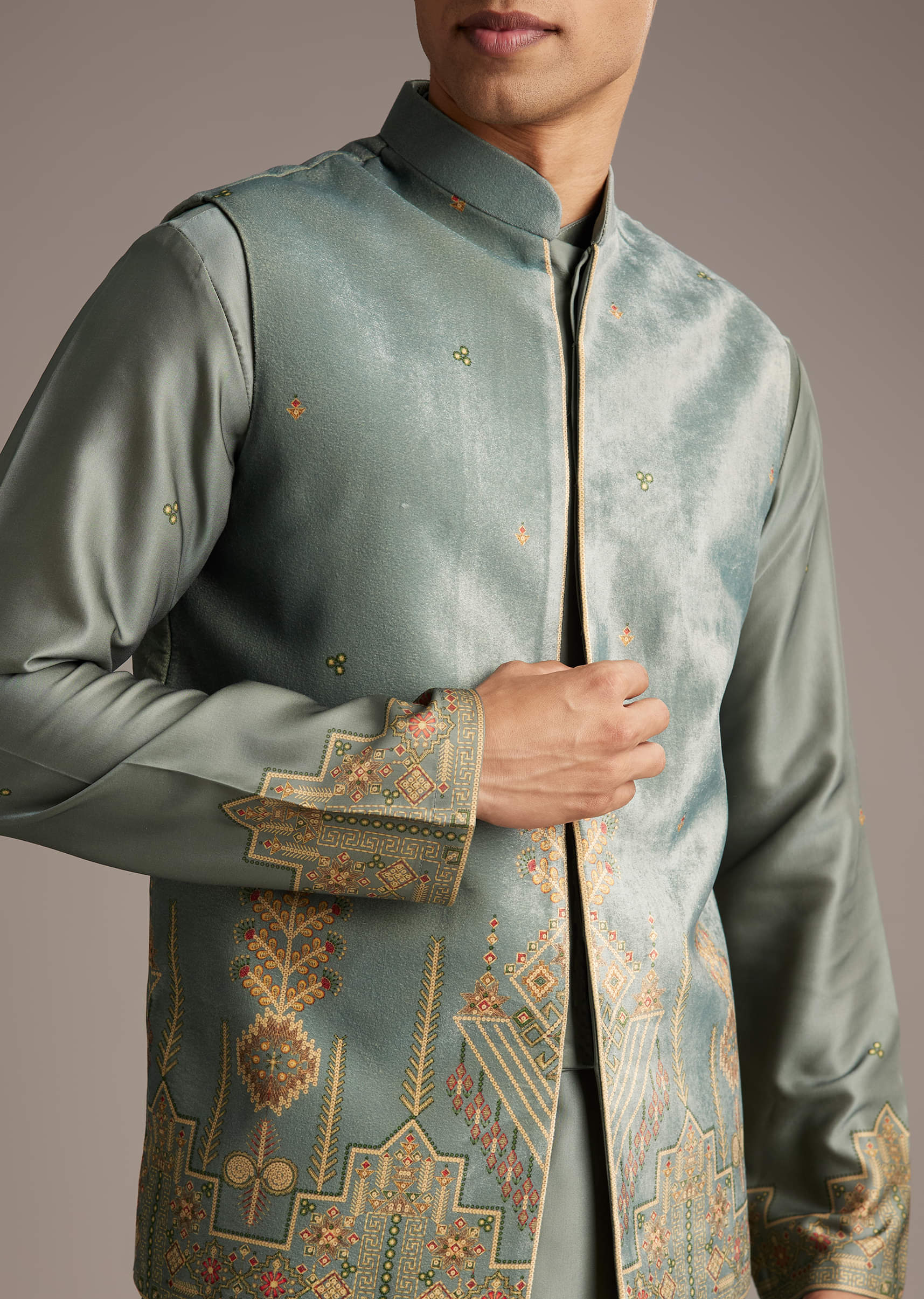 olive-velvet-kurta-jacket-set-for-men-with-geometric-print-sg332724-2.jpg