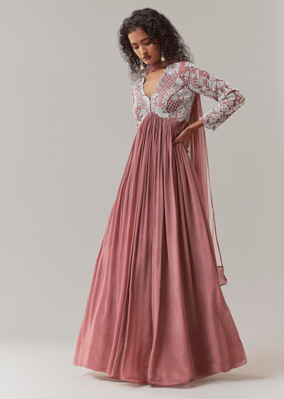 Onion Pink Embroidered Anarkali with Dupatta