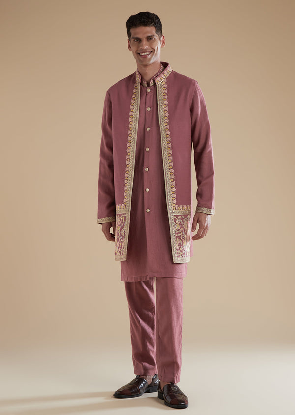 Onion Pink Pashmina Kurta Jacket Set With Thread Resham Work