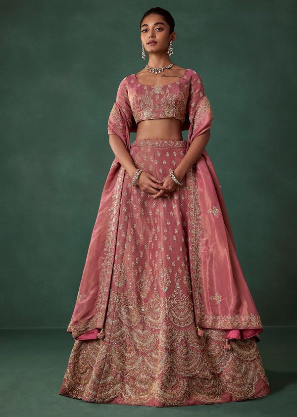 Onion Pink Tissue Embroidered Bridal Lehenga Set with Cutdana Work