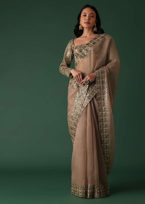 Onion Pink Foil Printed Saree And Blouse In Organza