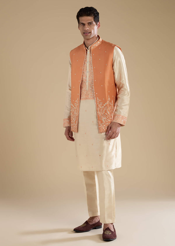 Orange Viscose Jacket Kurta Set with Mirror Work