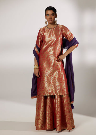 Orange Brocade Kurta Palazzo Set With Contrast Dupatta