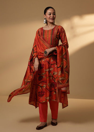 Orange Cotton Kurta Set With Kalamkari Print And Dupatta